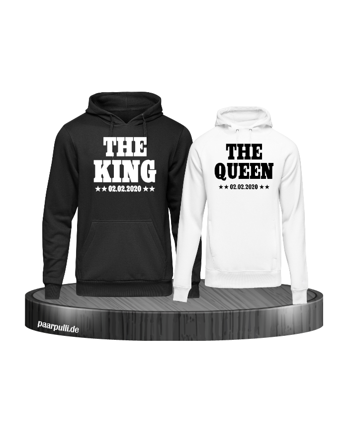 The King The Queen Partnerlook Hoodies mit Wunschdatum in weiß schwarz