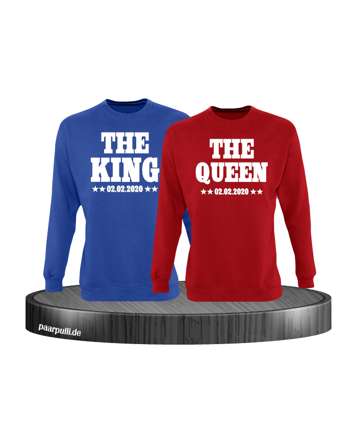 The King The Queen Partnerlook Sweatshirts mit Wunschdatum in blau rot