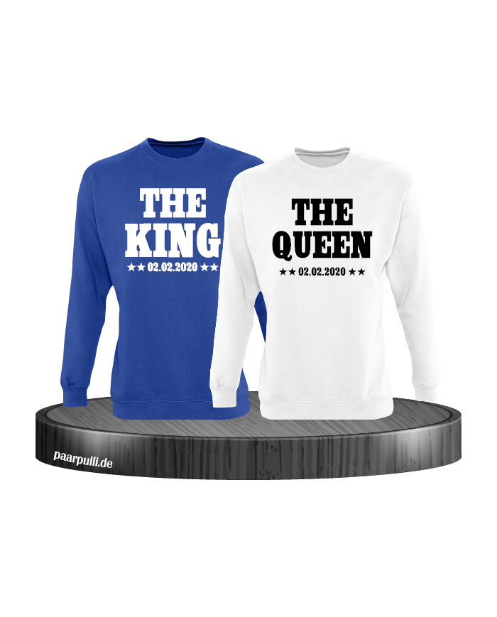 The King The Queen Partnerlook Sweatshirts mit Wunschdatum in blau weiß
