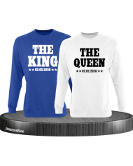The King The Queen Partnerlook Sweatshirts mit Wunschdatum in blau weiß