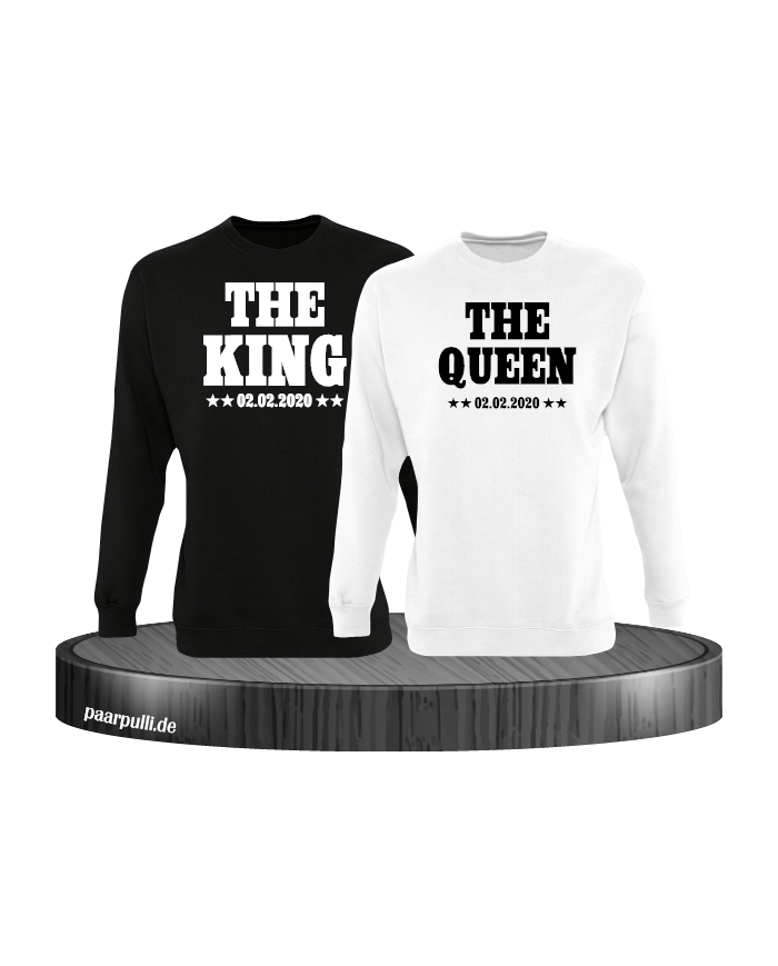 The King The Queen Partnerlook Sweatshirts mit Wunschdatum in schwarz weiß