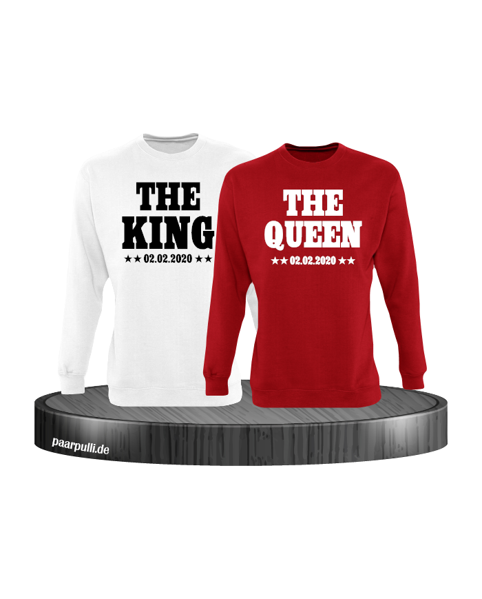 The King The Queen Partnerlook Sweatshirts mit Wunschdatum in weiß rot