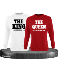 The King The Queen Partnerlook Sweatshirts mit Wunschdatum in weiß rot