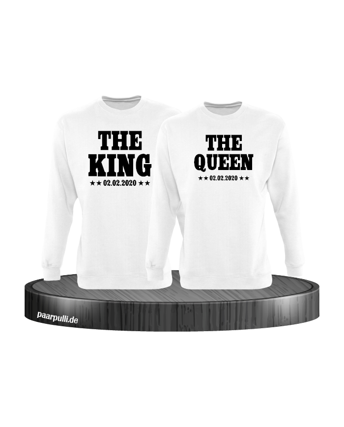 The King The Queen Partnerlook Sweatshirts mit Wunschdatum in weiß