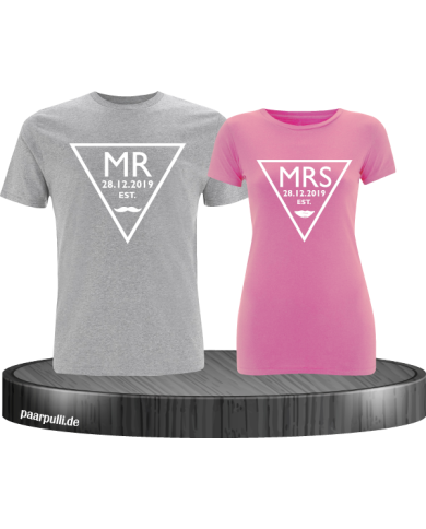 Mr. und Mrs. mit Wunschdatum Partnerlook Hoodies in grau rosa Mr. und Mrs. mit Wunschdatum Partnerlook Hoodies in grau rosa