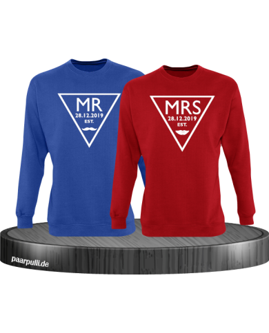 Mr. und Mrs. mit Wunschdatum Partnerlook Sweatshirts in blau rot