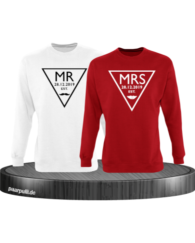 Mr. und Mrs. mit Wunschdatum Partnerlook Sweatshirts in weiß rot