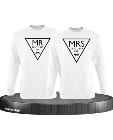 Mr. und Mrs. mit Wunschdatum Partnerlook Sweatshirts in weiß