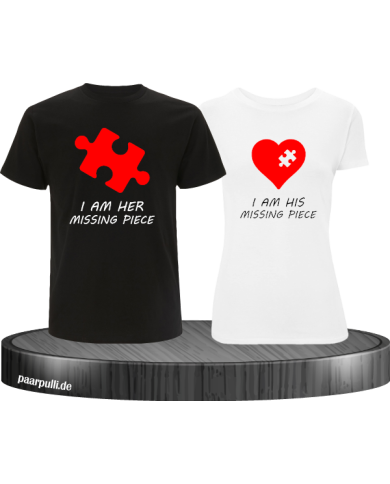 Missing Pieces Partnerlook T-Shirts mit rote Puzzle Stück und Herz in schwarz weiß