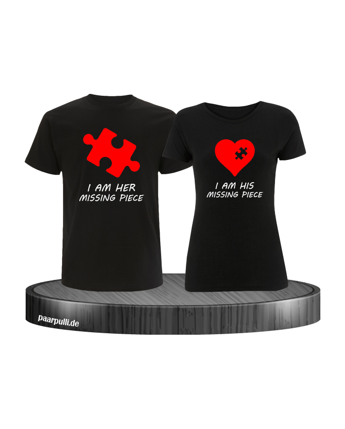 Missing Pieces Partnerlook T-Shirts mit rote Puzzle Stück und Herz in schwarz