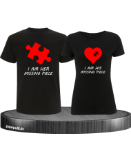 Missing Pieces Partnerlook T-Shirts mit rote Puzzle Stück und Herz in schwarz