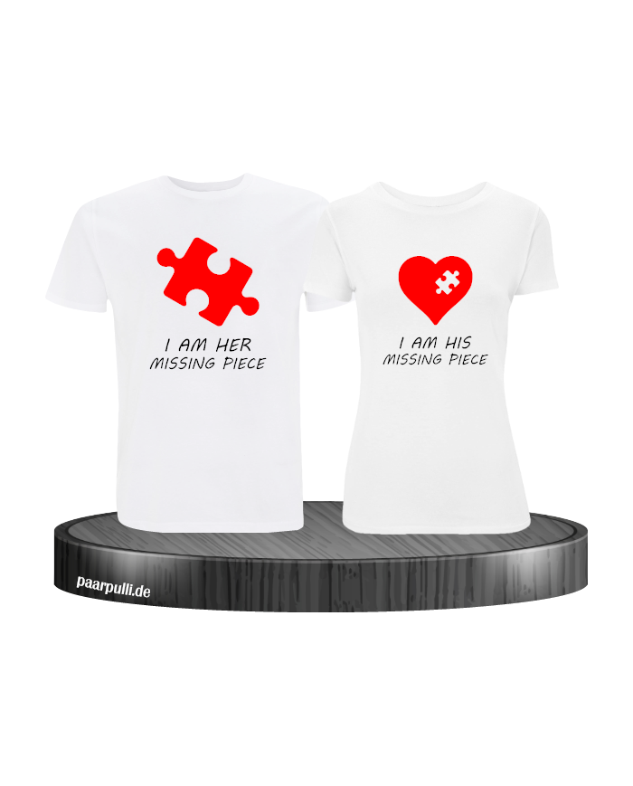 Missing Pieces Partnerlook T-Shirts mit rote Puzzle Stück und Herz in weiß