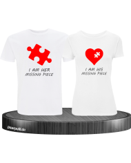 Missing Pieces Partnerlook T-Shirts mit rote Puzzle Stück und Herz in weiß