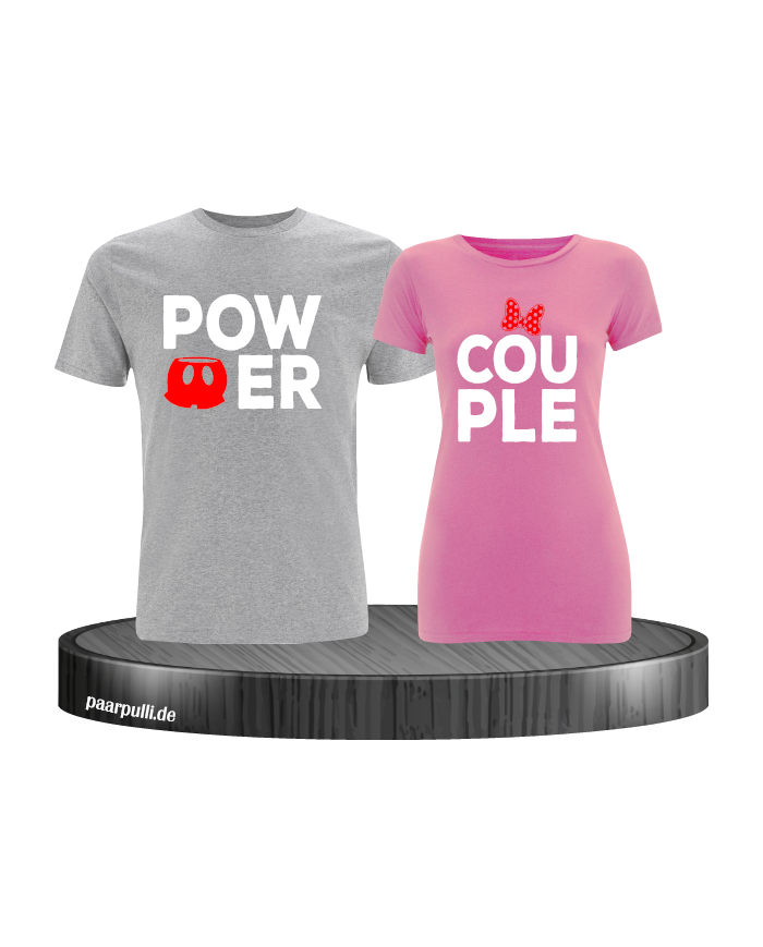 Power Couple tshirts mit roter figur und roter schleife in grau rosa