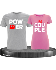 Power Couple tshirts mit roter figur und roter schleife in grau rosa