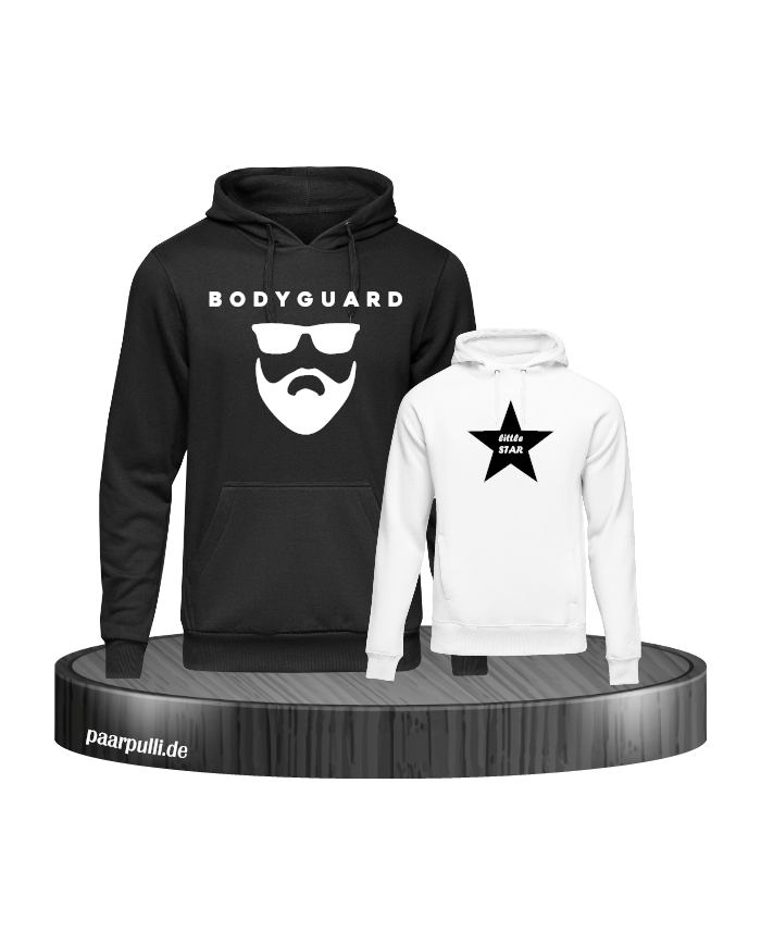 Bodyguard und little Star bedruckt auf Hoodies in den Farben schwarz weiß
