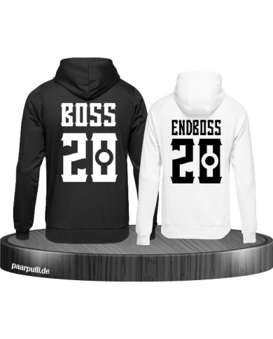 Boss und Endboss Partnerlook Hoodies mit Wunschzahl für ein echtes Boss Paar in schwarz weiß