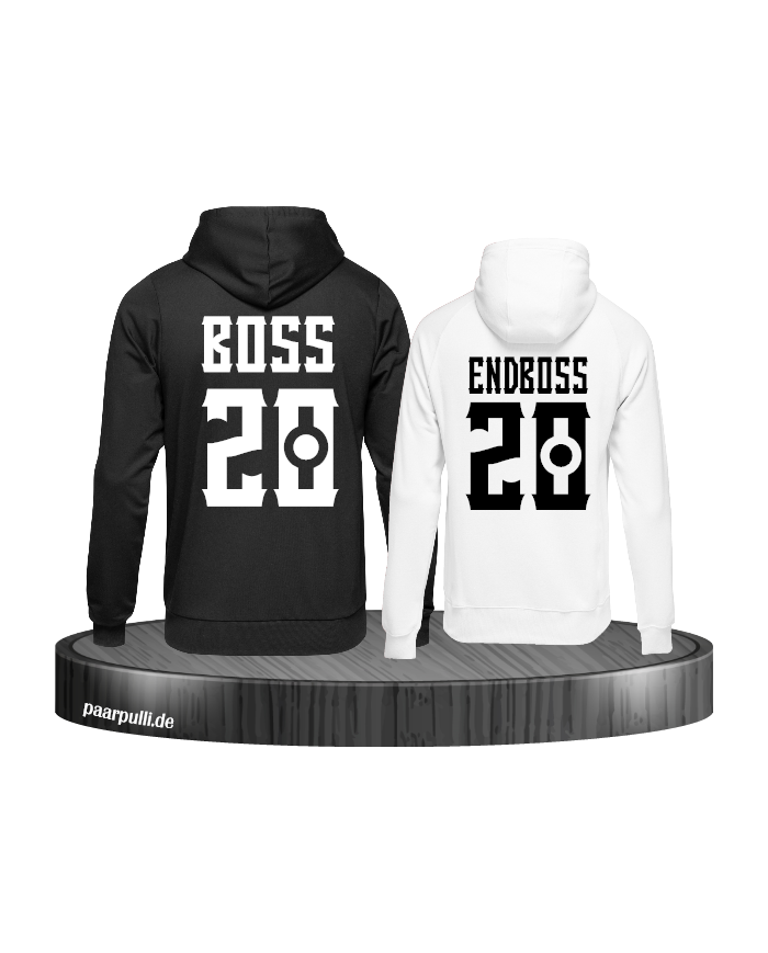 Boss und Endboss Partnerlook Hoodies mit Wunschzahl für ein echtes Boss Paar in schwarz weiß