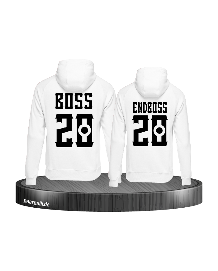 Boss und Endboss Partnerlook Hoodies mit Wunschzahl für ein echtes Boss Paar in weiß