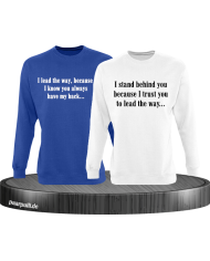 Sweatshirts für Pärchen bedruckt mit I lead the way und I stand behind you in blau weiß