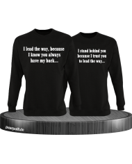 Sweatshirts für Pärchen bedruckt mit I lead the way und I stand behind you in schwarz