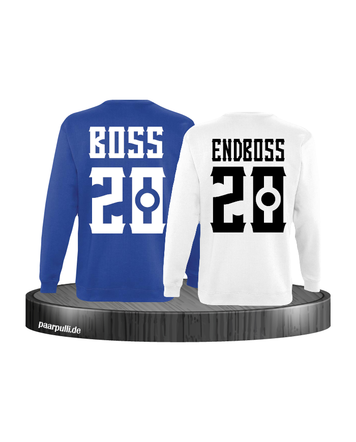 Boss und Endboss Partnerlook Sweatshirts mit Wunschzahl für ein echtes Boss Paar in blau weiß