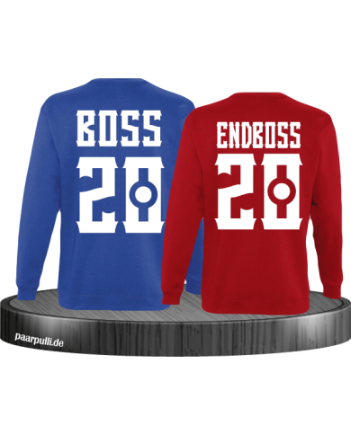 Boss und Endboss Partnerlook Sweatshirts mit Wunschzahl für ein echtes Boss Paar in blau rot