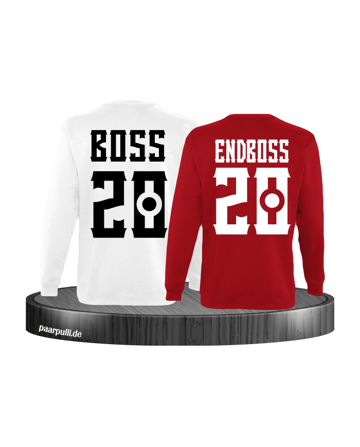 Boss und Endboss Partnerlook Sweatshirts mit Wunschzahl für ein echtes Boss Paar in weiß rot
