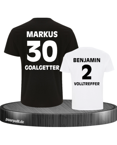Goalgetter Volltreffer Partnerlook Shirts mit Wunschname und Wunschzahl in schwarz weiß