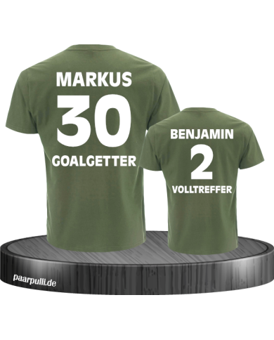 Goalgetter Volltreffer Partnerlook Shirts mit Wunschname und Wunschzahl in khaki
