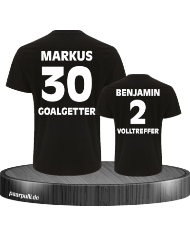 Goalgetter Volltreffer Partnerlook Shirts mit Wunschname und Wunschzahl in schwarz