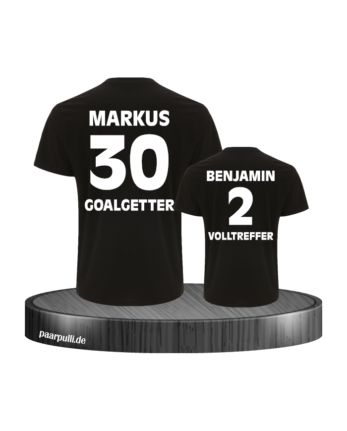 Goalgetter Volltreffer Partnerlook Shirts mit Wunschname und Wunschzahl in schwarz