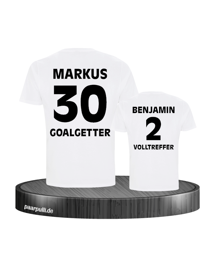 Goalgetter Volltreffer Partnerlook Shirts mit Wunschname und Wunschzahl in weiß