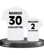 Goalgetter Volltreffer Partnerlook Shirts mit Wunschname und Wunschzahl in weiß