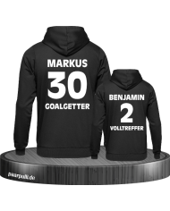 Goalgetter Volltreffer Partnerlook Hoodies mit Wunschname und Wunschzahl in schwarz