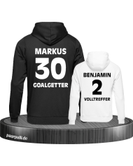 Goalgetter Volltreffer Partnerlook Hoodies mit Wunschname und Wunschzahl in schwarz weiß