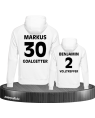Goalgetter Volltreffer Partnerlook Hoodies mit Wunschname und Wunschzahl in weiß