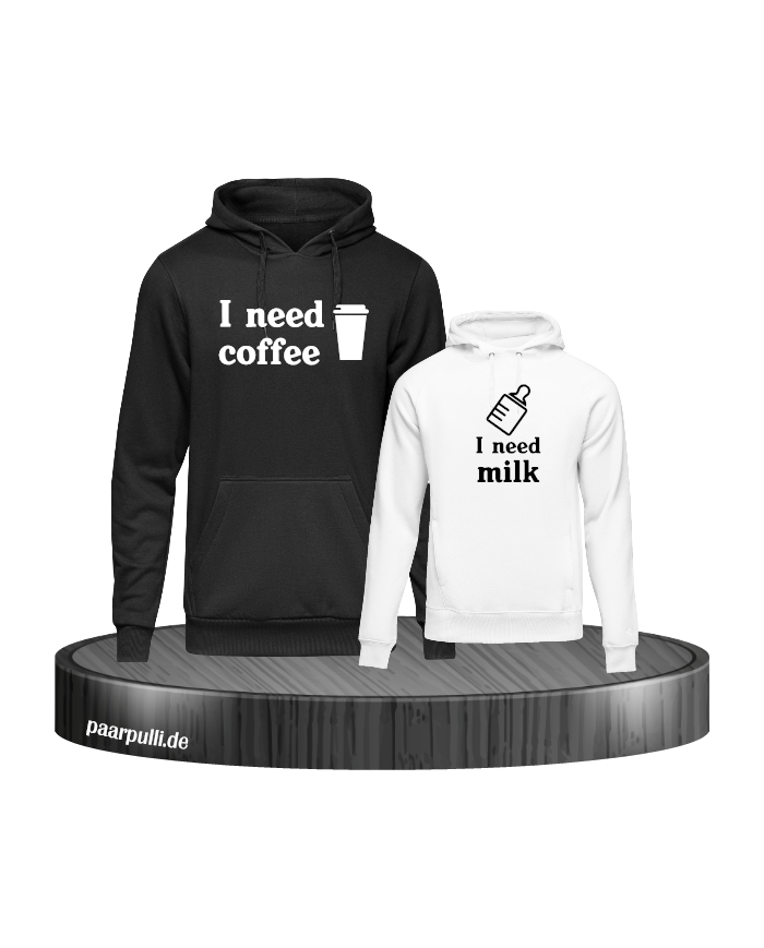 I need Coffee und I need Milk Mutter Kind Partnerlook Hoodies in schwarz weiß