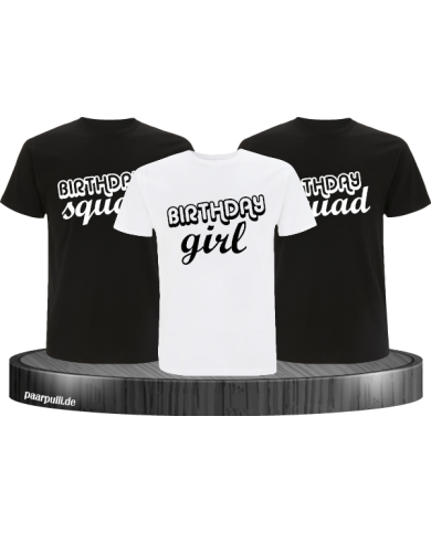 Schwarz Weiße T Shirts für ihren Kindergeburtstag bedruckt mit birthday girl und birthday squad