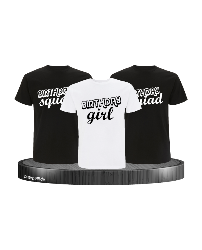 Schwarz Weiße T Shirts für ihren Kindergeburtstag bedruckt mit birthday girl und birthday squad