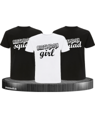 Schwarz Weiße T Shirts für ihren Kindergeburtstag bedruckt mit birthday girl und birthday squad
