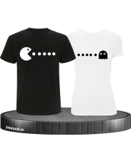 T-Shirts bedruckt mit Pac Man Design für Pärchen in der Farbe schwarz weiß