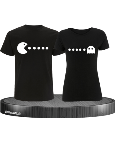 T-Shirts bedruckt mit Pac Man Design für Pärchen in der Farbe schwarz