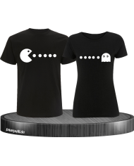 T-Shirts bedruckt mit Pac Man Design für Pärchen in der Farbe schwarz