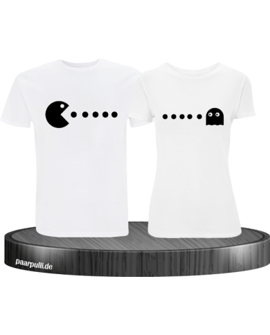 T-Shirts bedruckt mit Pac Man Design für Pärchen in der Farbe weiß