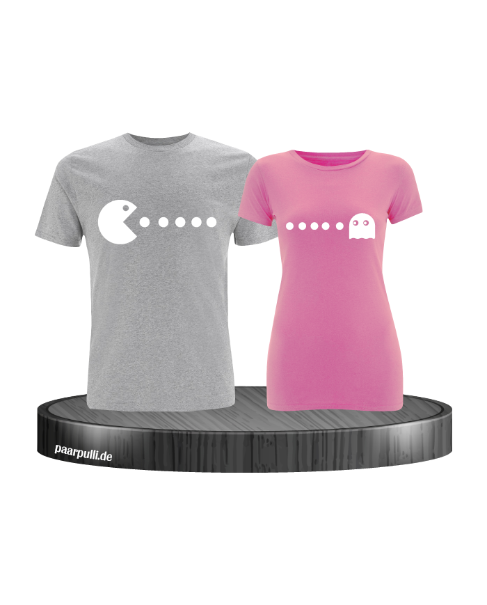 T-Shirts bedruckt mit Pac Man Design für Pärchen in der Farbe grau rosa