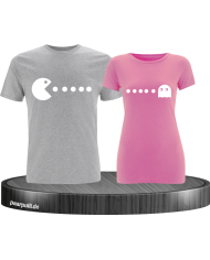 T-Shirts bedruckt mit Pac Man Design für Pärchen in der Farbe grau rosa