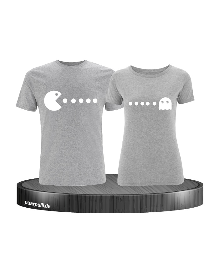 T-Shirts bedruckt mit Pac Man Design für Pärchen in der Farbe grau