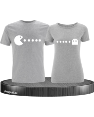 T-Shirts bedruckt mit Pac Man Design für Pärchen in der Farbe grau