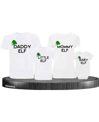 Elf Familienlook bedruckt auf weiße t-shirts mit weißer schrift und grünen mützen.